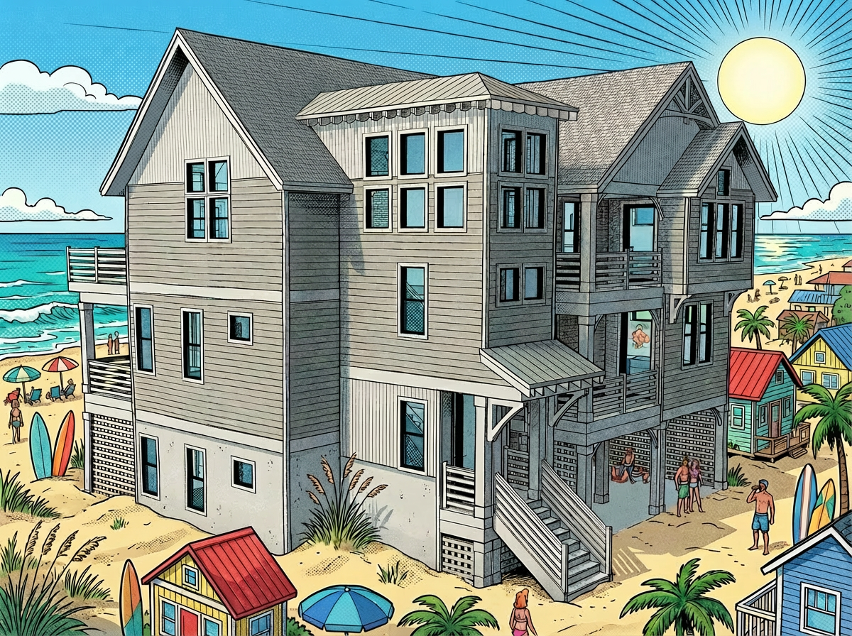 Comic-style illustration of a large grey beach house on a sunny crowded beach.