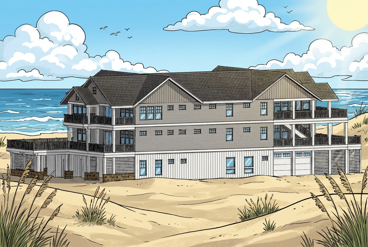 An image of a large house with many pillars and a grey roof, with different colours of walls and fences. It is a multi-sto...