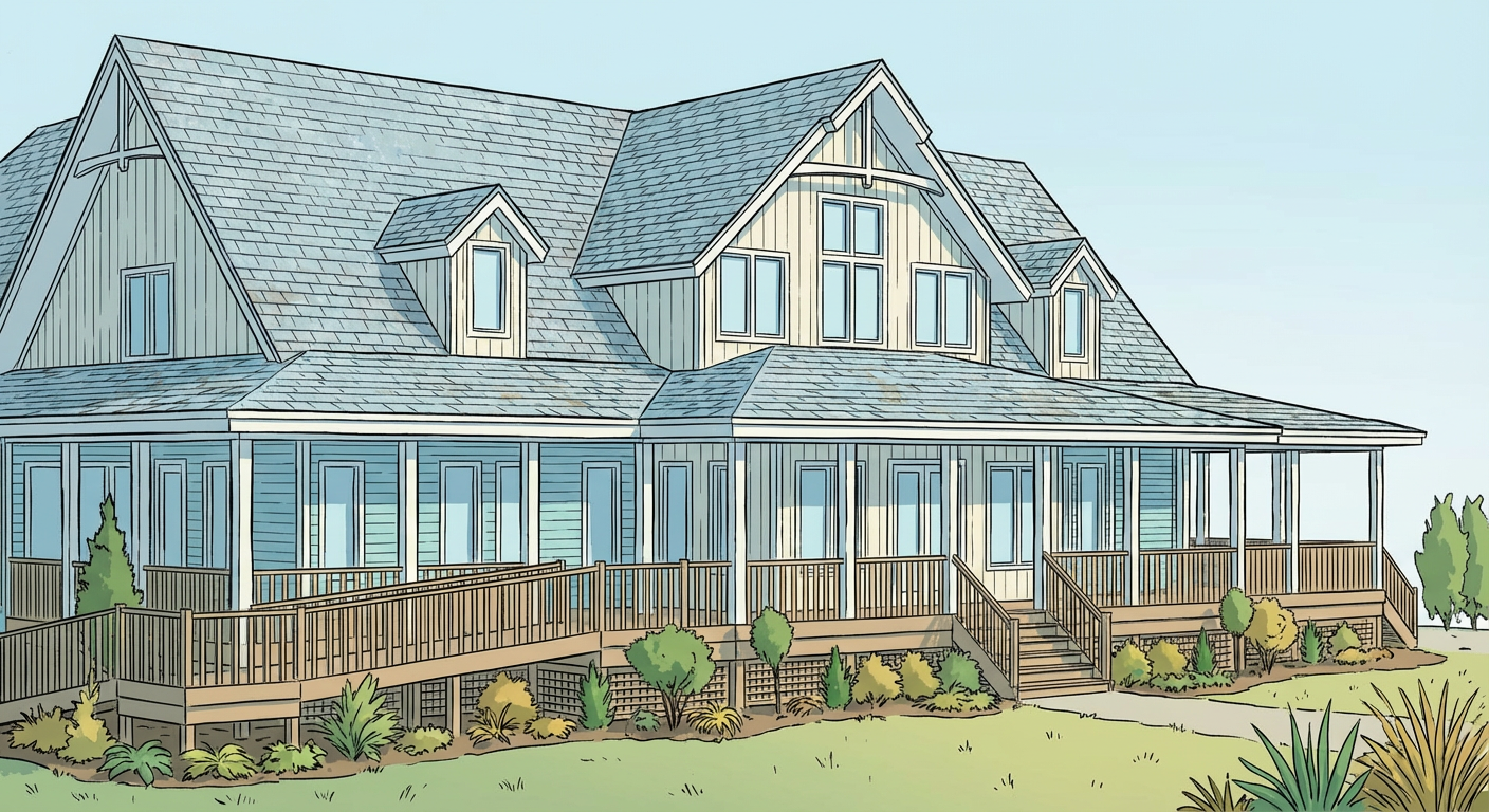 A large house is depicted resembling a grayscale or monochromatic coloring print.